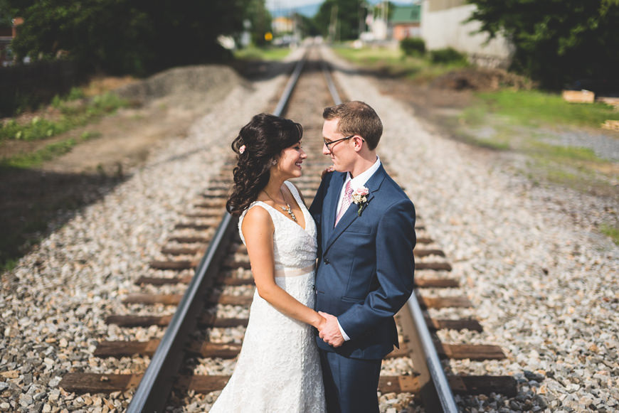 003 wedding couple on railroad tracks