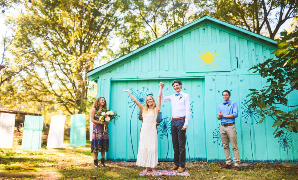 bride and groom celebrate after getting married in Virginia